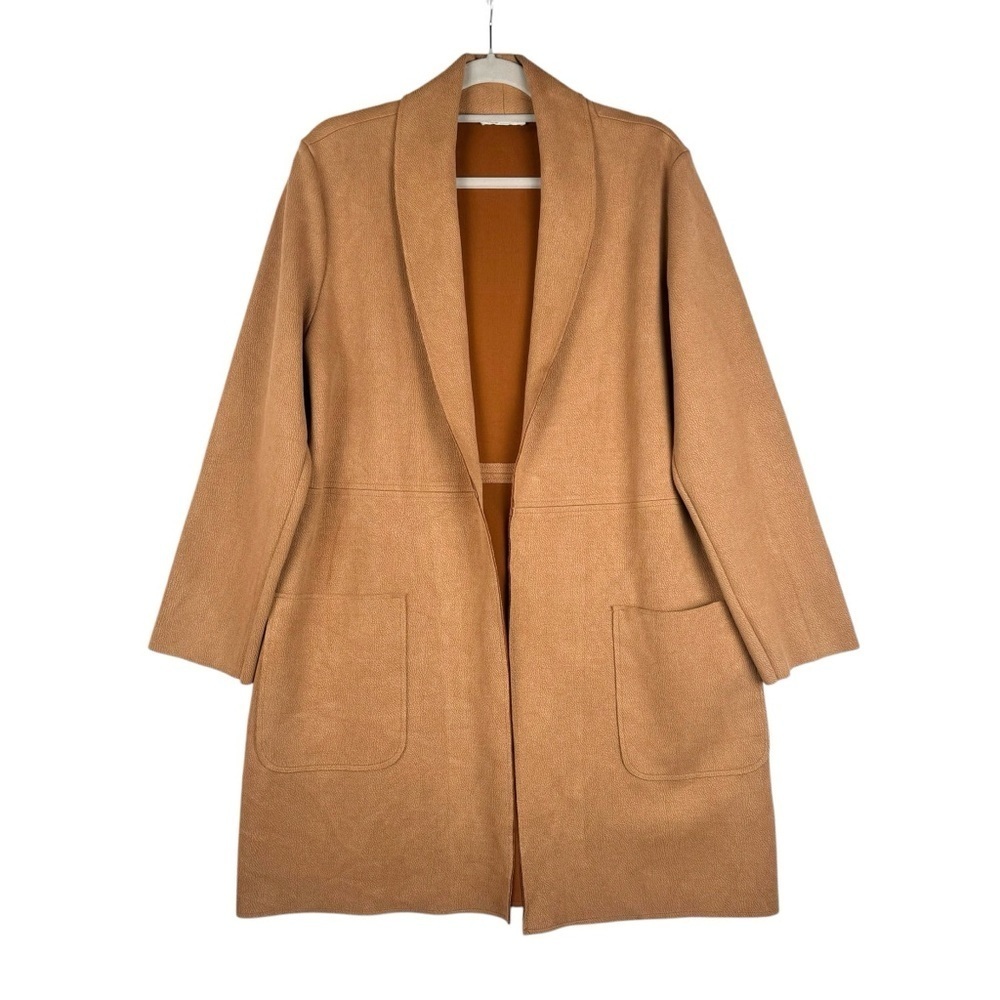 Zara Women’s Faux Suede Open Front Coat Size Large Casual Soft Long Jacket Tan